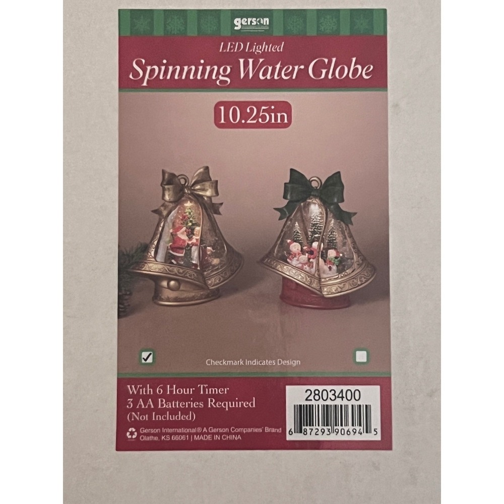 Gerson LED Lighted Spinning Water Globe Christmas Bell Santa Mrs Claus 2803400